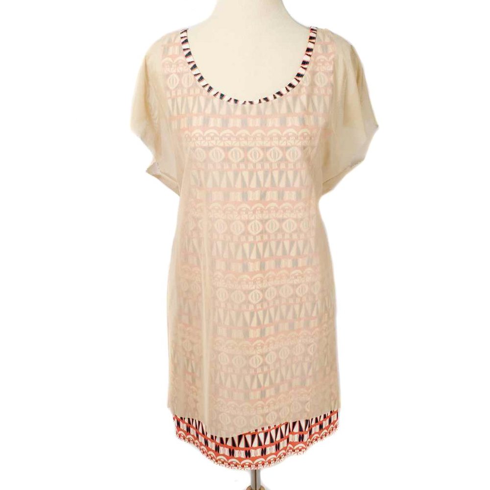 AQUARIUS Geometric Pattern Tan Mesh Overlay Dress